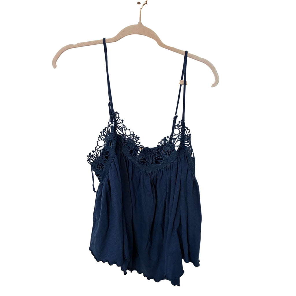 Navy FREE PEOPLE KAYLA TANK Women's Boho Crochet Lace Dainty Preppy Minimal L
