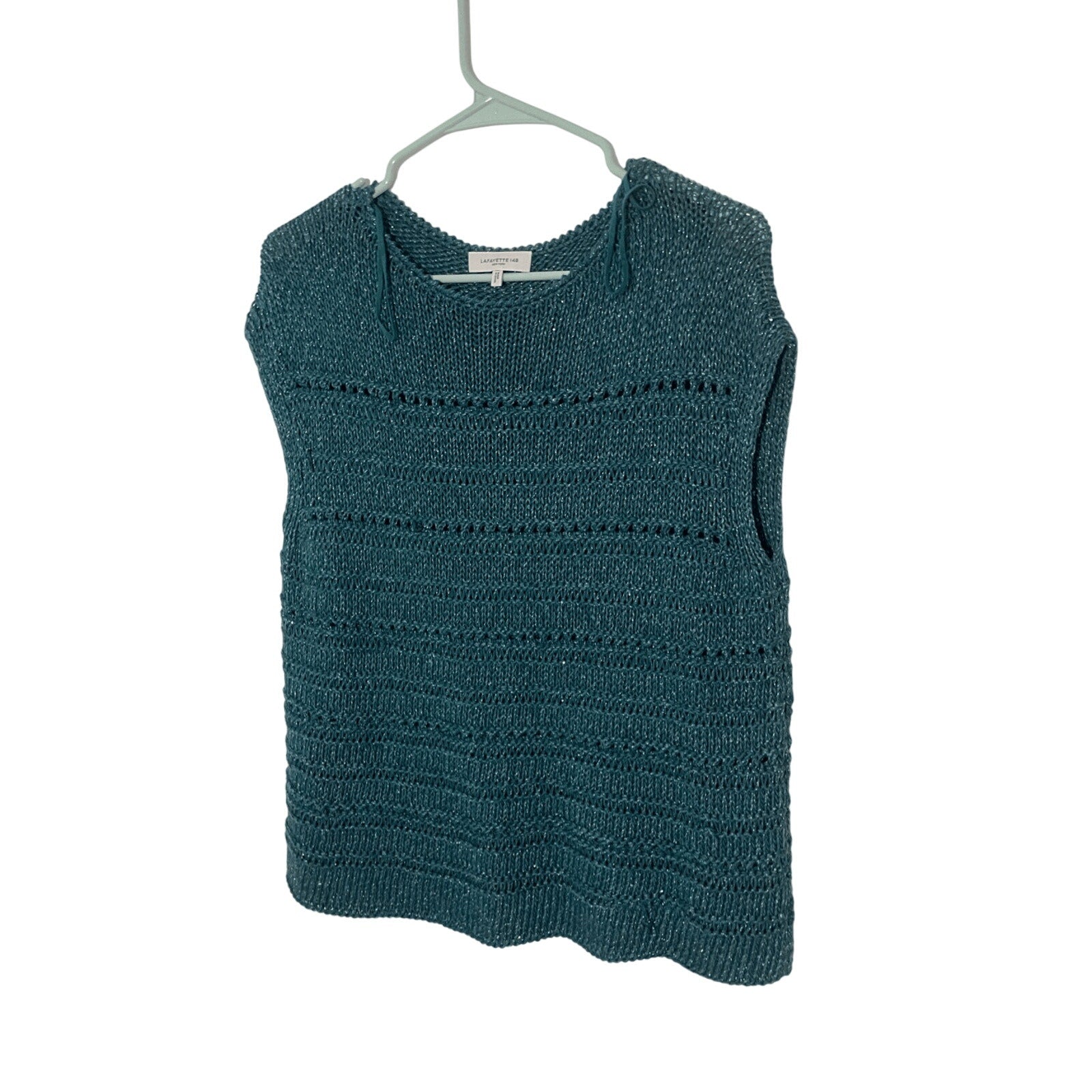 Lafayette148 Silk/Cotton Teal Open Stitch Micro Paillette CoastalGrandma Sweater