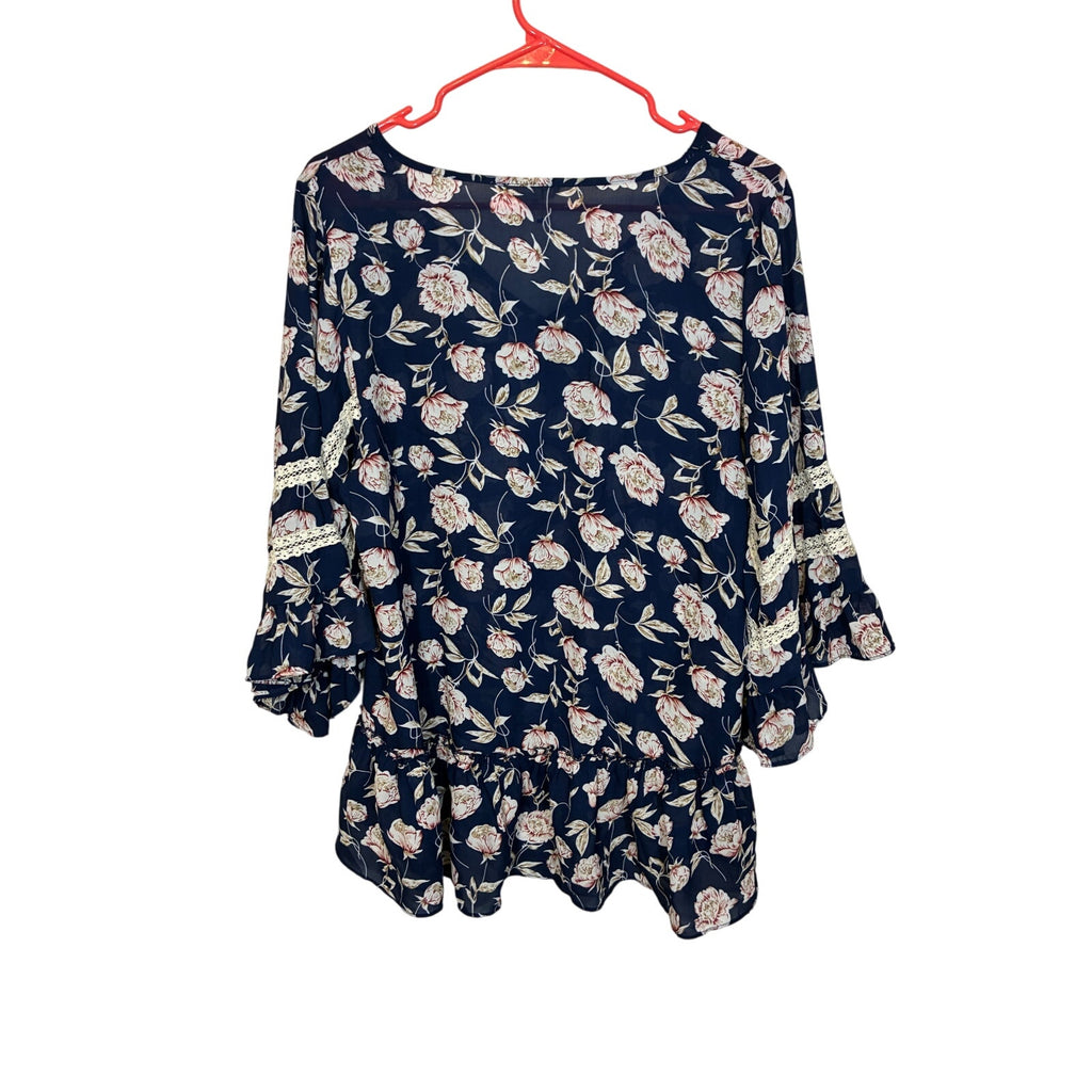 Umgee Boho Sheer Floral Lace Western Cowgirl Yellowstone Blue Blouse Boxy Top M