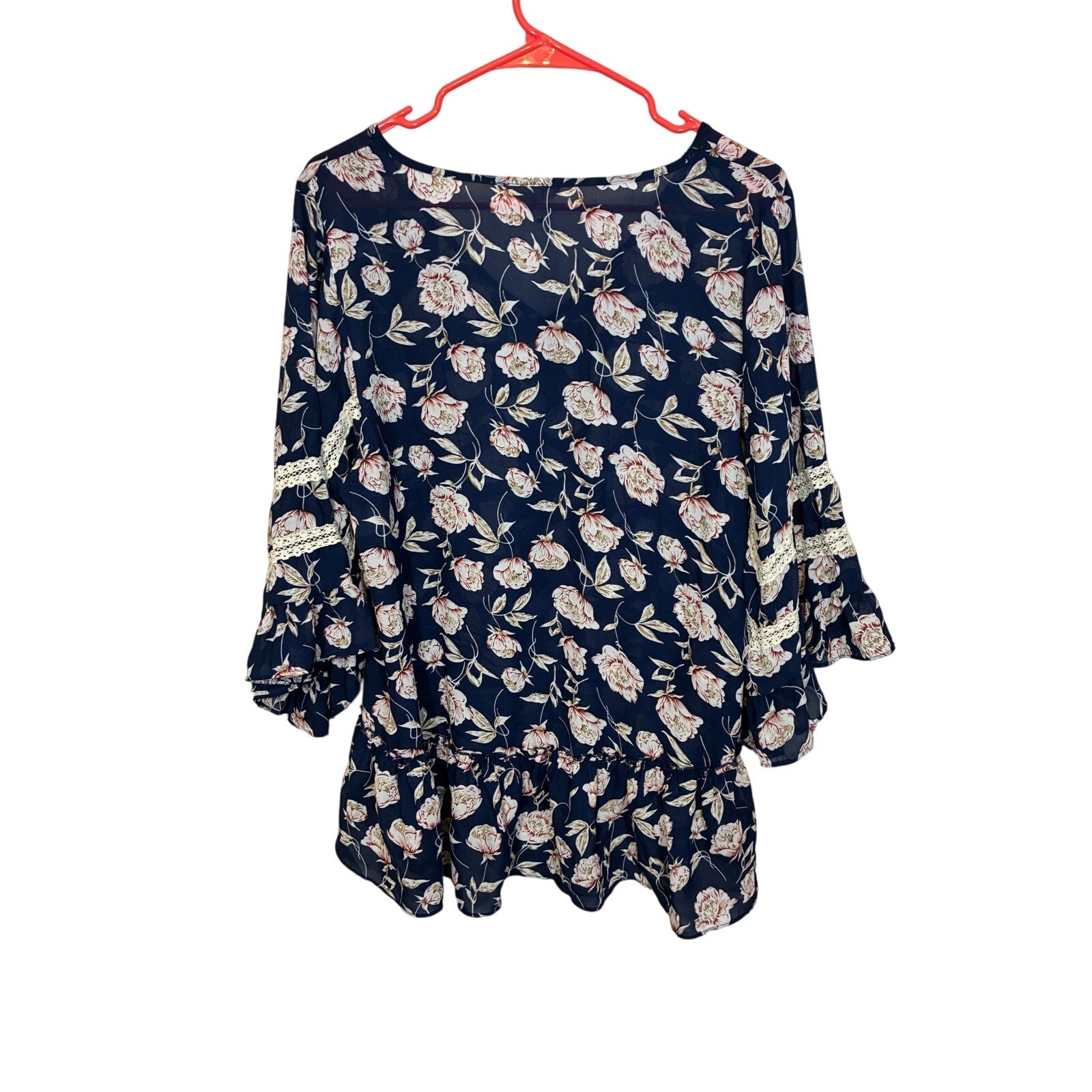 Umgee Boho Sheer Floral Lace Western Cowgirl Yellowstone Blue Blouse Boxy Top M