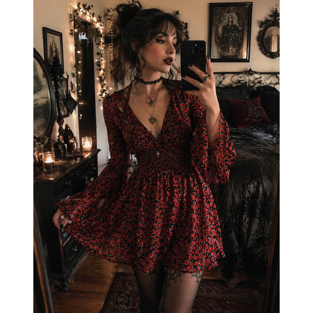 Cider Floral Mini Dress XS Red Black Goth Whimsygoth Bell Sleeve Smocked Grunge