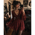 Cider Floral Mini Dress XS Red Black Goth Whimsygoth Bell Sleeve Smocked Grunge