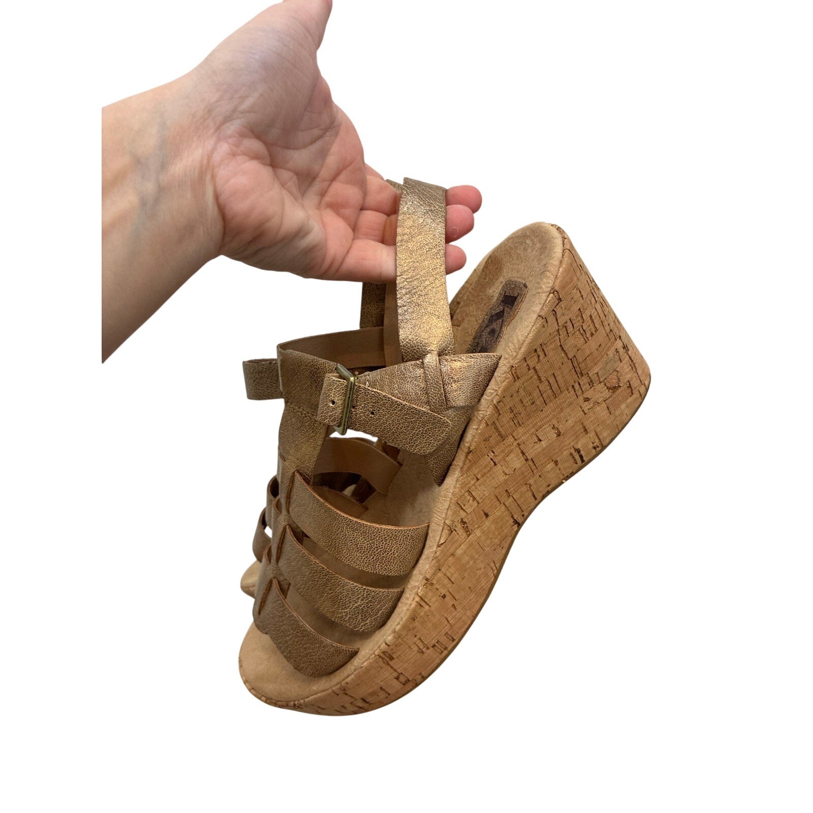 Korks By Kork Ease Women's Beige Leather Cork Wedge Sandals Size 9 M Ankle Strap