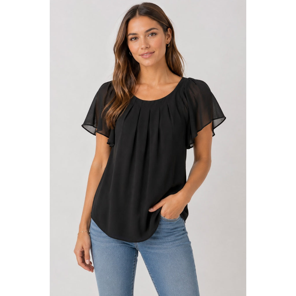 Calvin Klein Black Pleated Neck Flutter Sleeve Blouse Career Chic Top S