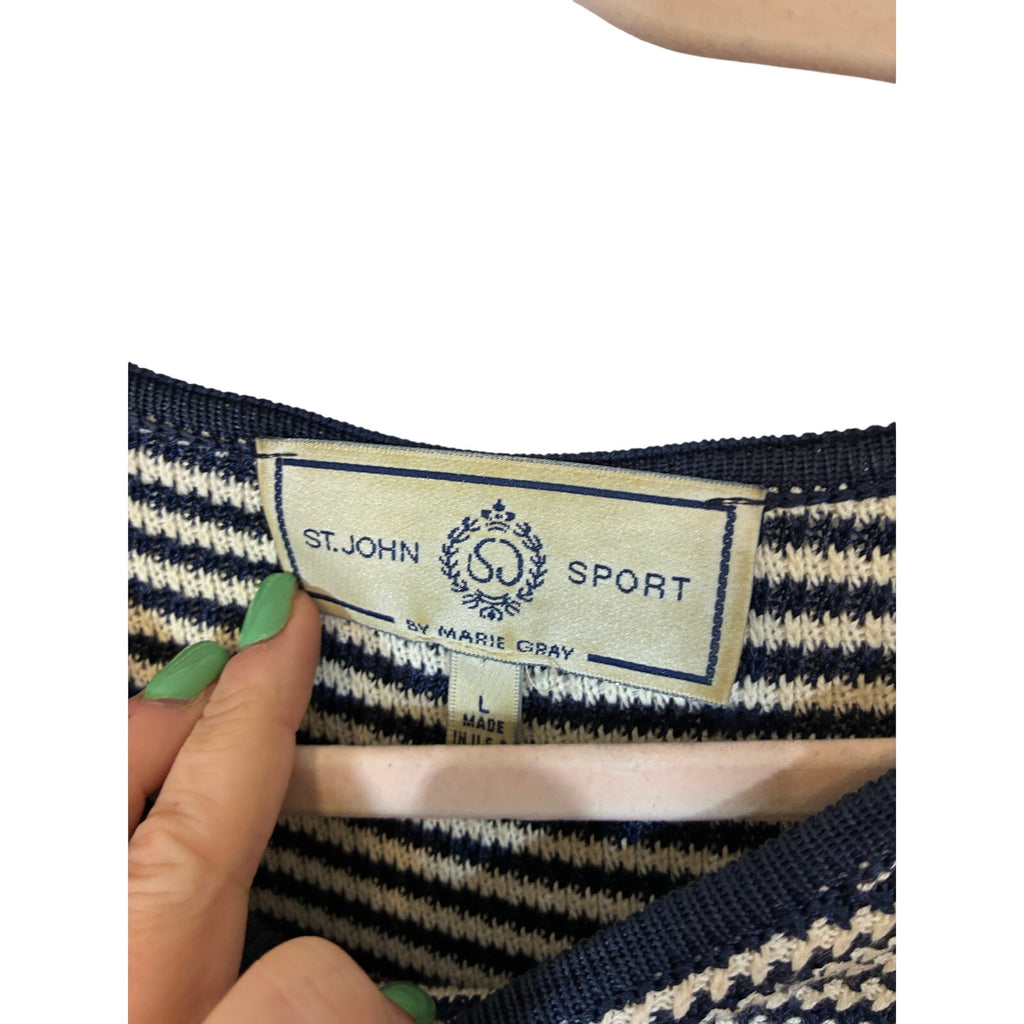 St John Sport Navy Cream Knit Striped Sleeveless Top L Vintage Santana