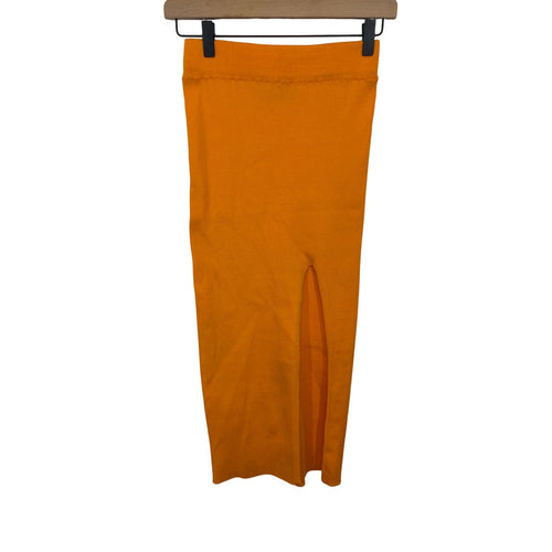 Cider Ribbed Midi Skirt Mustard Yellow Side Slit Bodycon Small Minimal Coastal