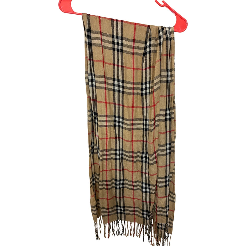 Check Archive Beige Black Rectangular Fringe Long Plaid Scarf 24Wx60L Preppy