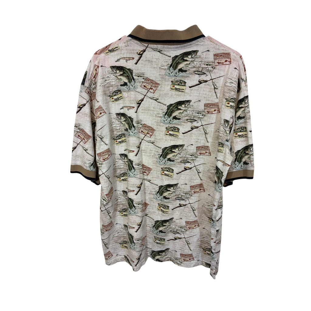 American Summer Polo Shirt Mens XL White  AOP Bass Fishing Print Casual Grandpa
