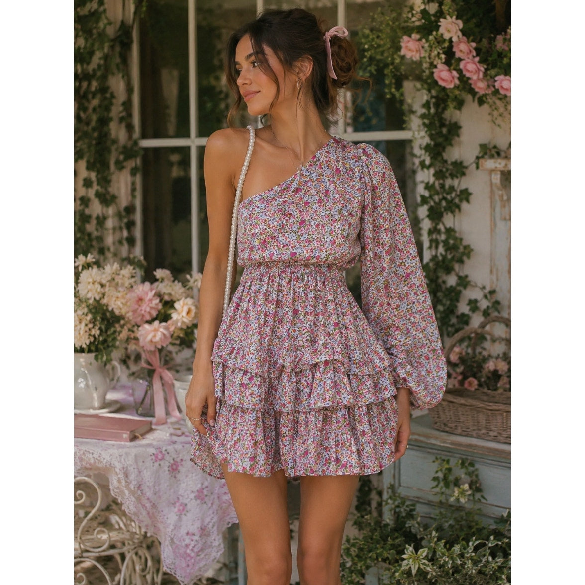 Lush XS Floral Bloom Core Coquette Whimsy One Shoulder Dainty Ruffle Mini Dress