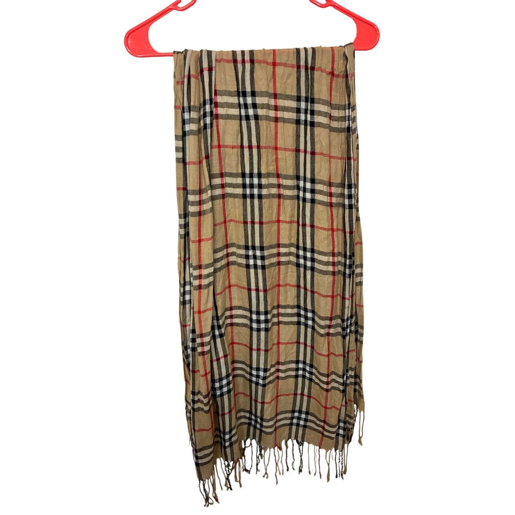 Check Archive Beige Black Rectangular Fringe Long Plaid Scarf 24Wx60L Preppy