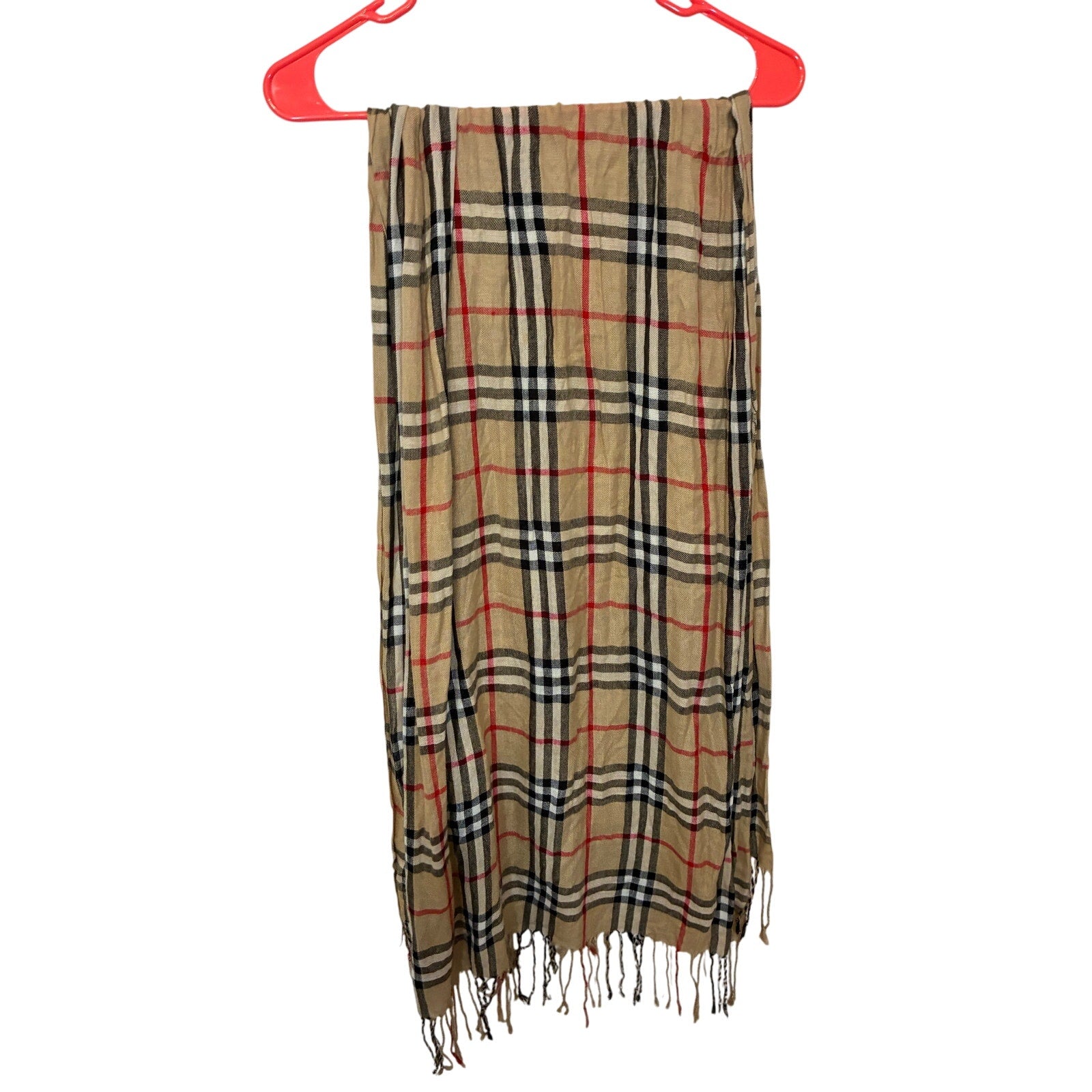 Check Archive Beige Black Rectangular Fringe Long Plaid Scarf 24Wx60L Preppy