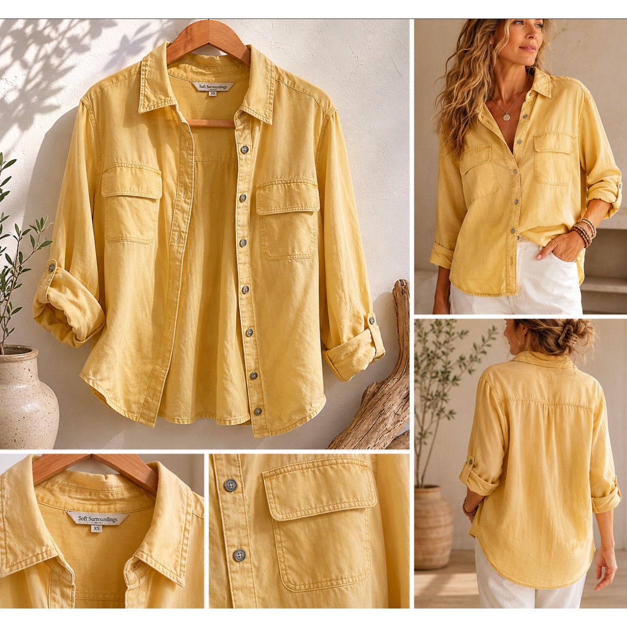 Soft Surroundings XS Yellow Rustic Button Up Farmhouse Utility Gorpcore Blouse