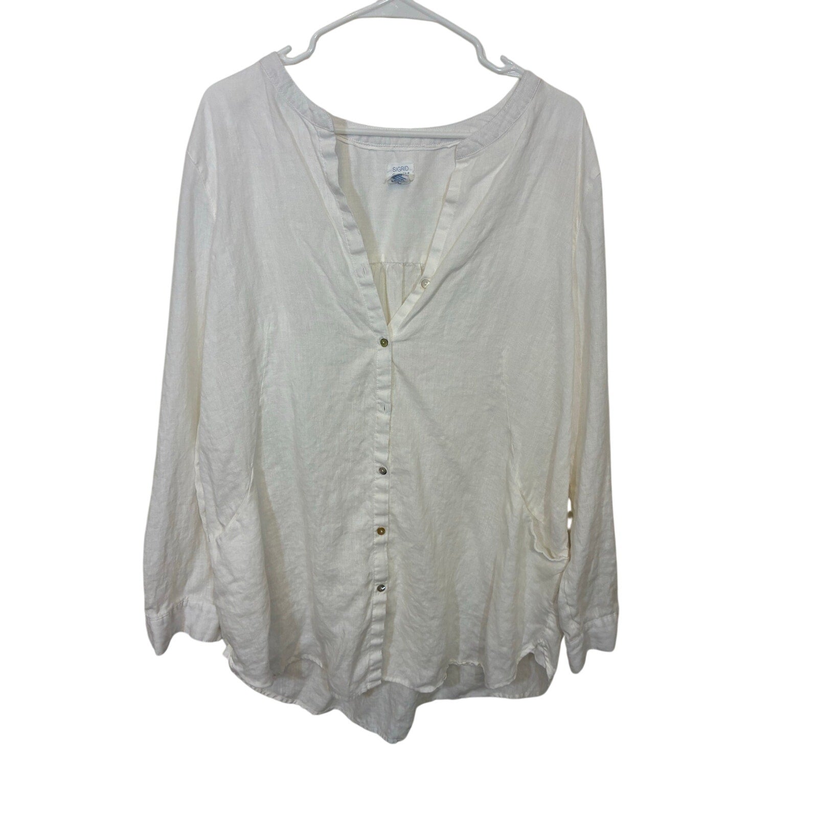 Sigrid Olsen 100% Linen Tunic Top Blouse Women XL White Roll Tab Lagenlook Beach