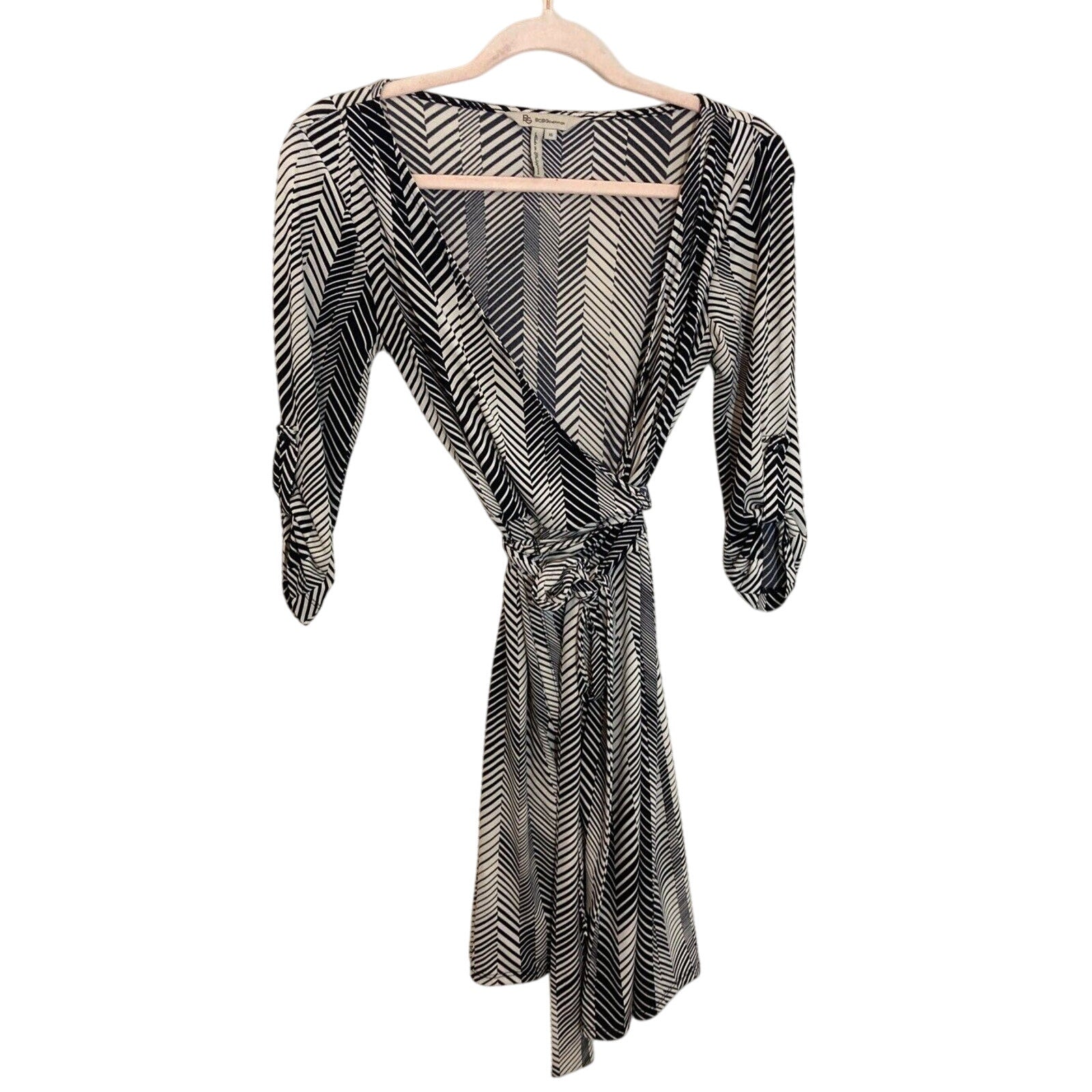 BCBG Art to Wear Women’s Wrap Dress Black White Fit & Flare Retro Print XS