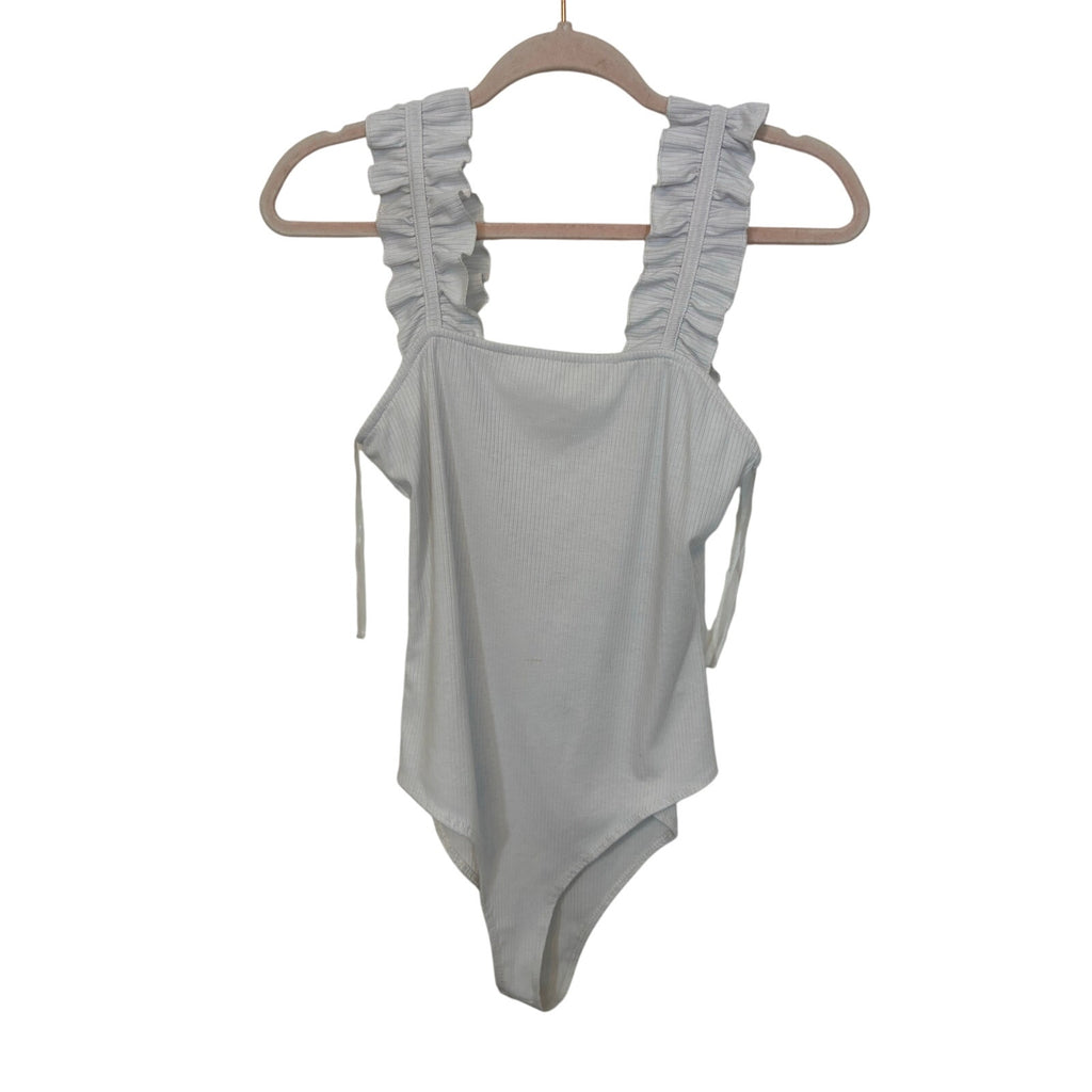 Entro White and Tan Bundle Ribbed Ruffled Tank Sleeveless Bodysuit Casual Basic