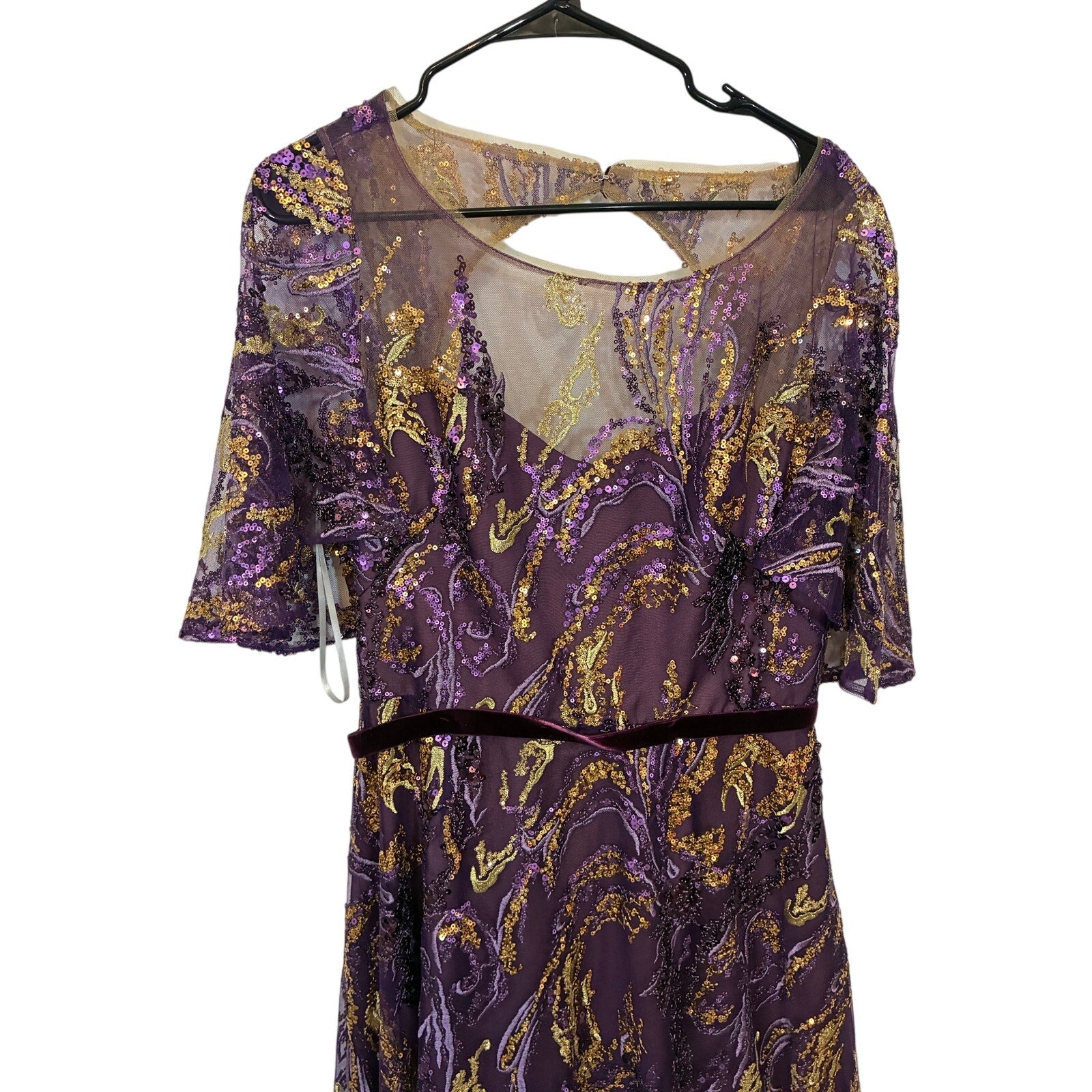NWT Marchesa Notte 12 Embellished Tulle Evening Gown Purple Gold Velvet Trim