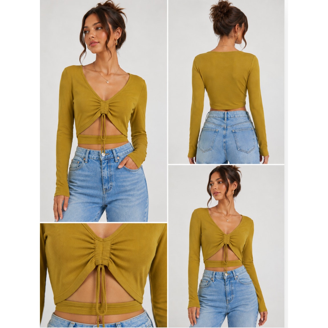 Olive Mustard Ribbed Knit Cutout Crop Top Ruched Front Small Concert Festival