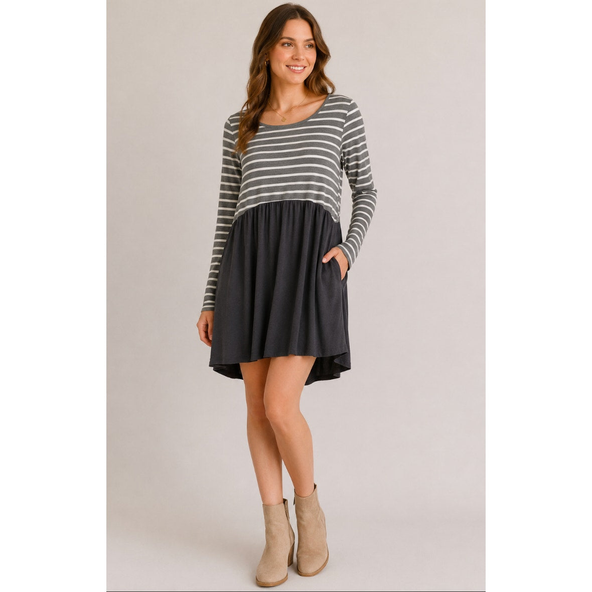 NWT Umgee Women's Small Long Sleeve Stripe Dress Minimalist Preppy Mute Stripe