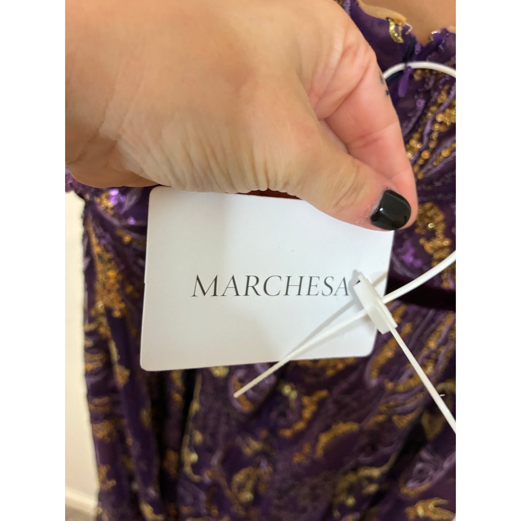 NWT Marchesa Notte 12 Embellished Tulle Evening Gown Purple Gold Velvet Trim