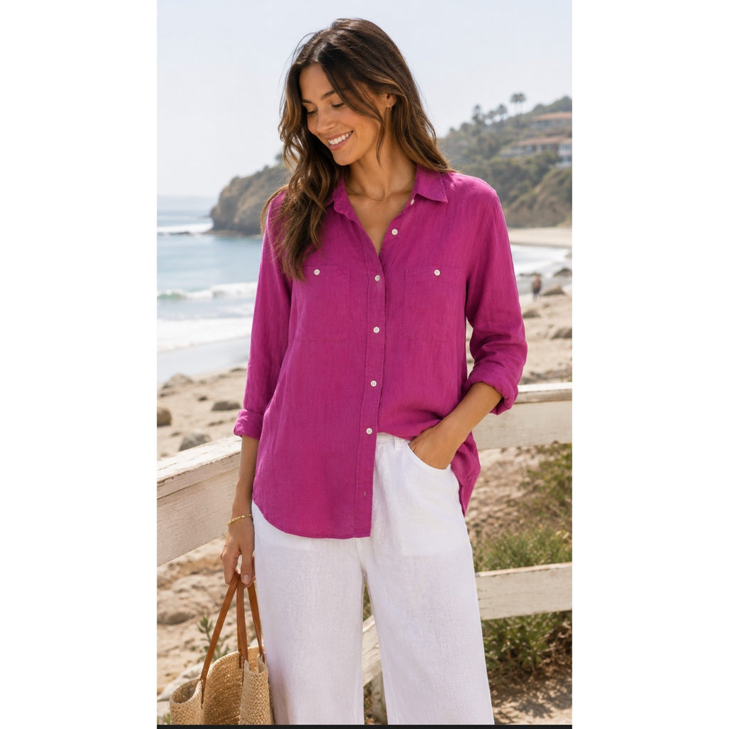 NWT Fuschia Lauren Ralph Lauren Linen Button Front Blouse XL Coastal Grandma