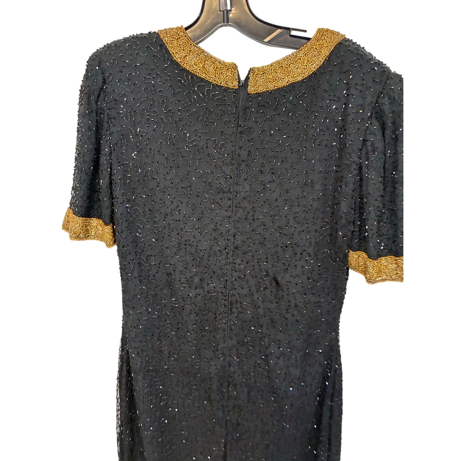 Laurence kazar Evening Dress 100% Silk Black Beading Knee Length S Vintage