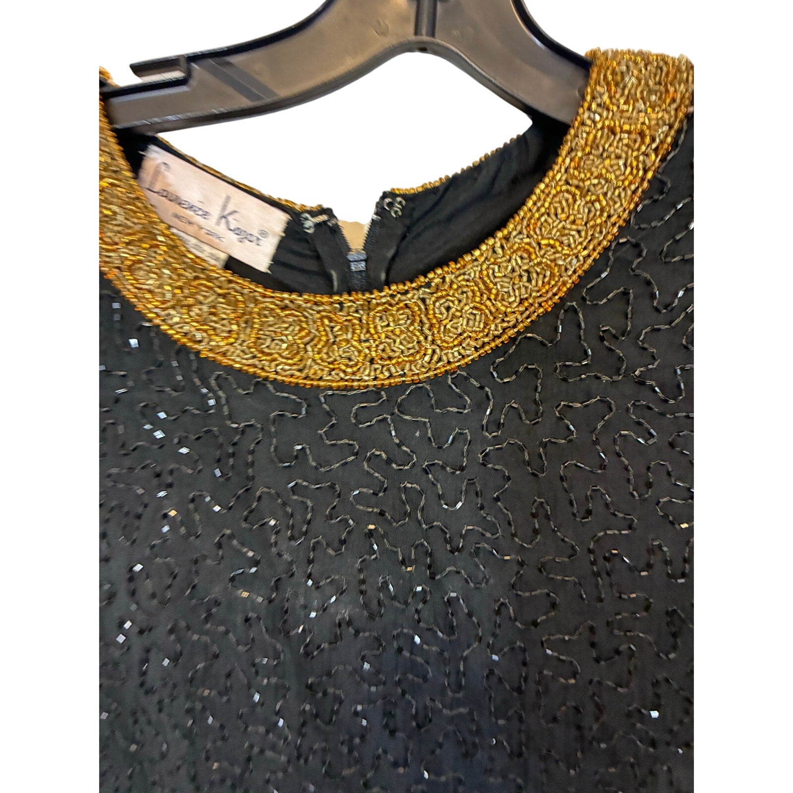 Laurence kazar Evening Dress 100% Silk Black Beading Knee Length S Vintage