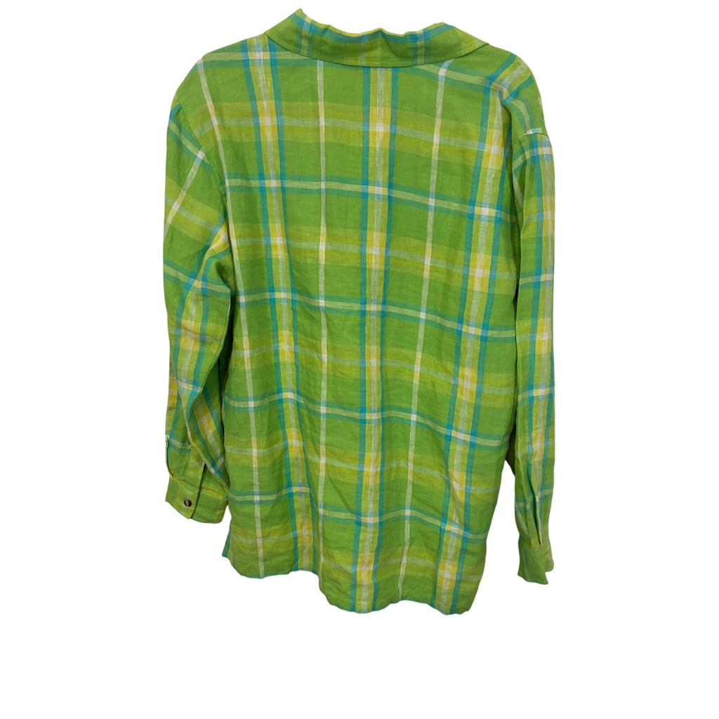 Real Comfort Green Linen Plaid Shirt Lightweight Button Down Casual Minimalist L