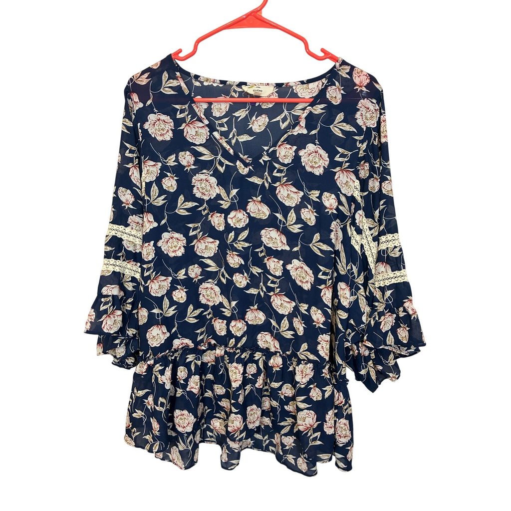 Umgee Boho Sheer Floral Lace Western Cowgirl Yellowstone Blue Blouse Boxy Top M
