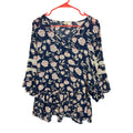 Umgee Boho Sheer Floral Lace Western Cowgirl Yellowstone Blue Blouse Boxy Top M
