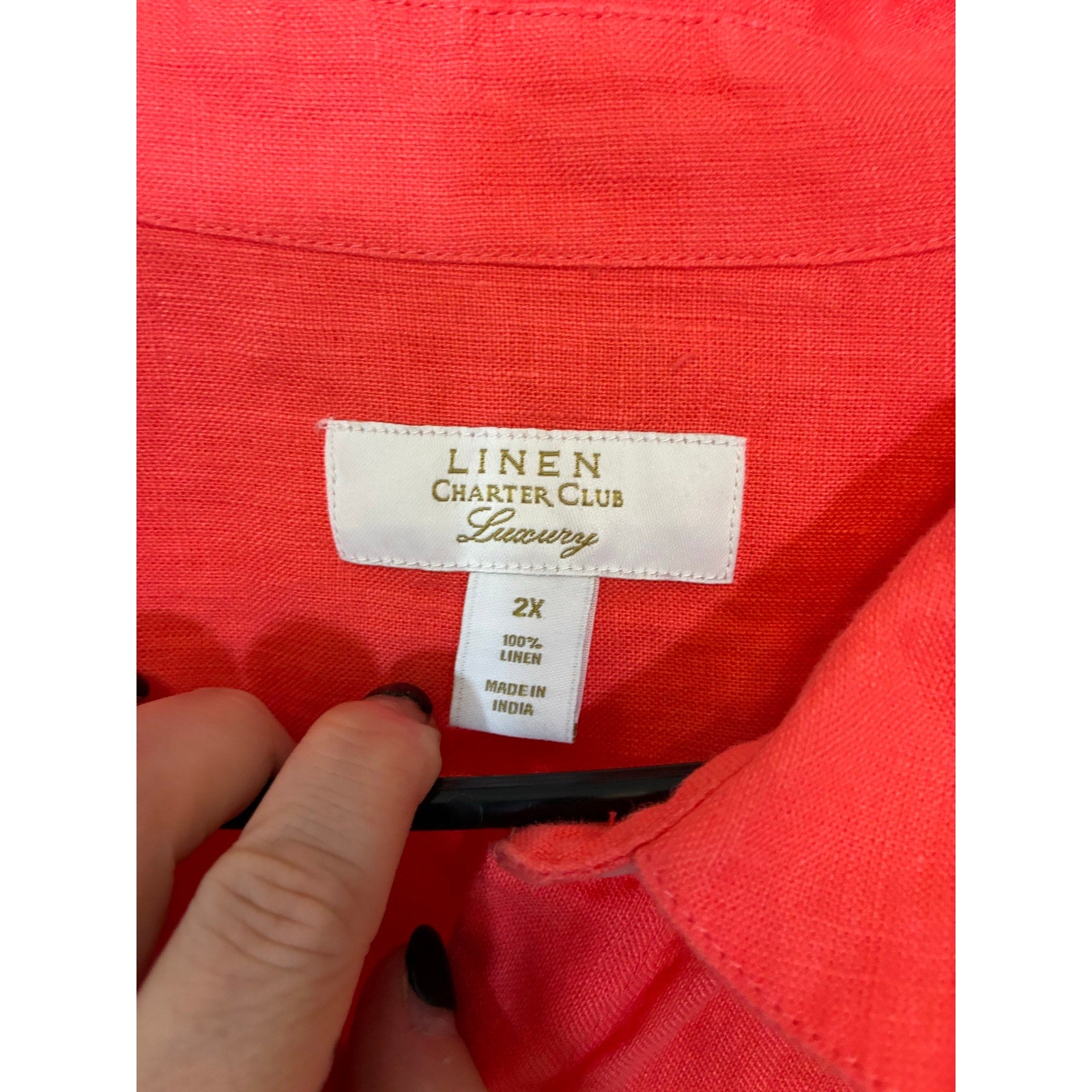 Charter Club Women’s Orange Peach Top Button Up 100% Linen Roll Tab Sleeve 2X