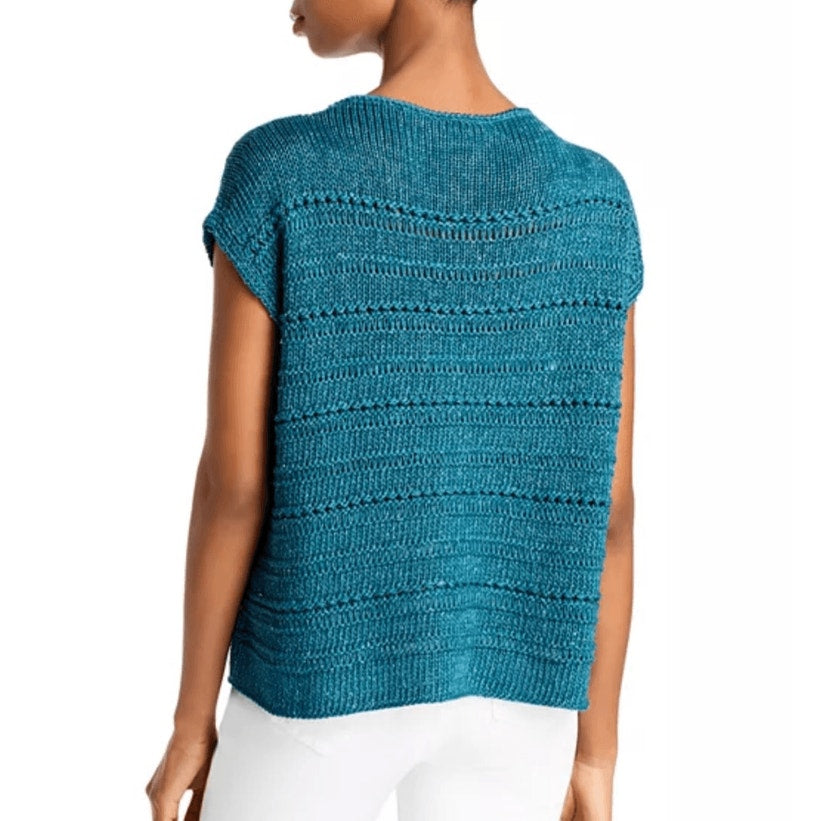 Lafayette148 Silk/Cotton Teal Open Stitch Micro Paillette CoastalGrandma Sweater