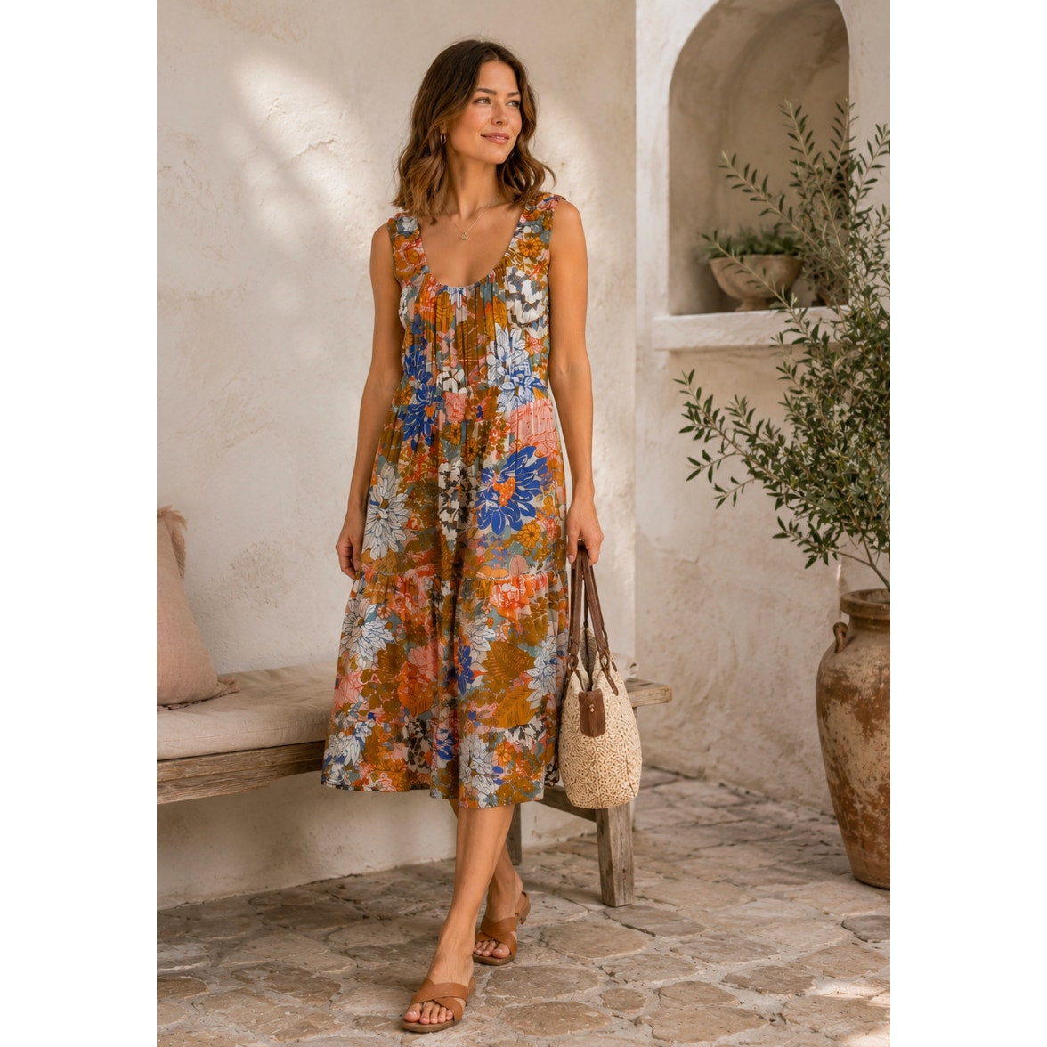 Abel the Label Floral Rayon Prairie Cottagecore Tiered Smocking Maxi Dress M