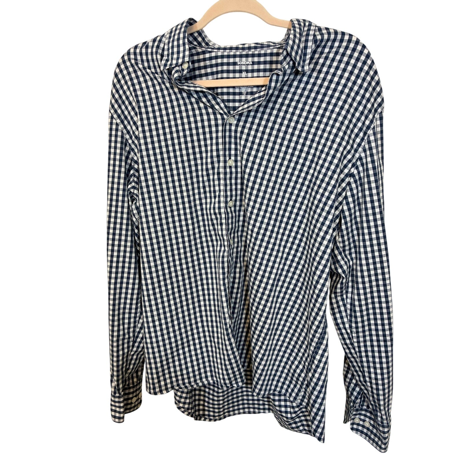 Sonoma XL Navy White Gingham Long Sleeve Button Down Equestrian Western Cowboy