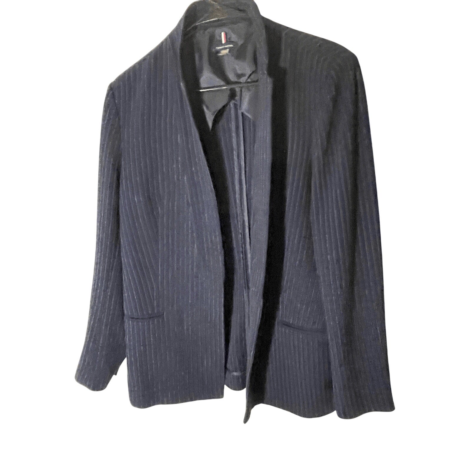 Tommy Hilfiger Women's Pinstriped Navy Open-Front Blazer Jacket 12 Office Chic