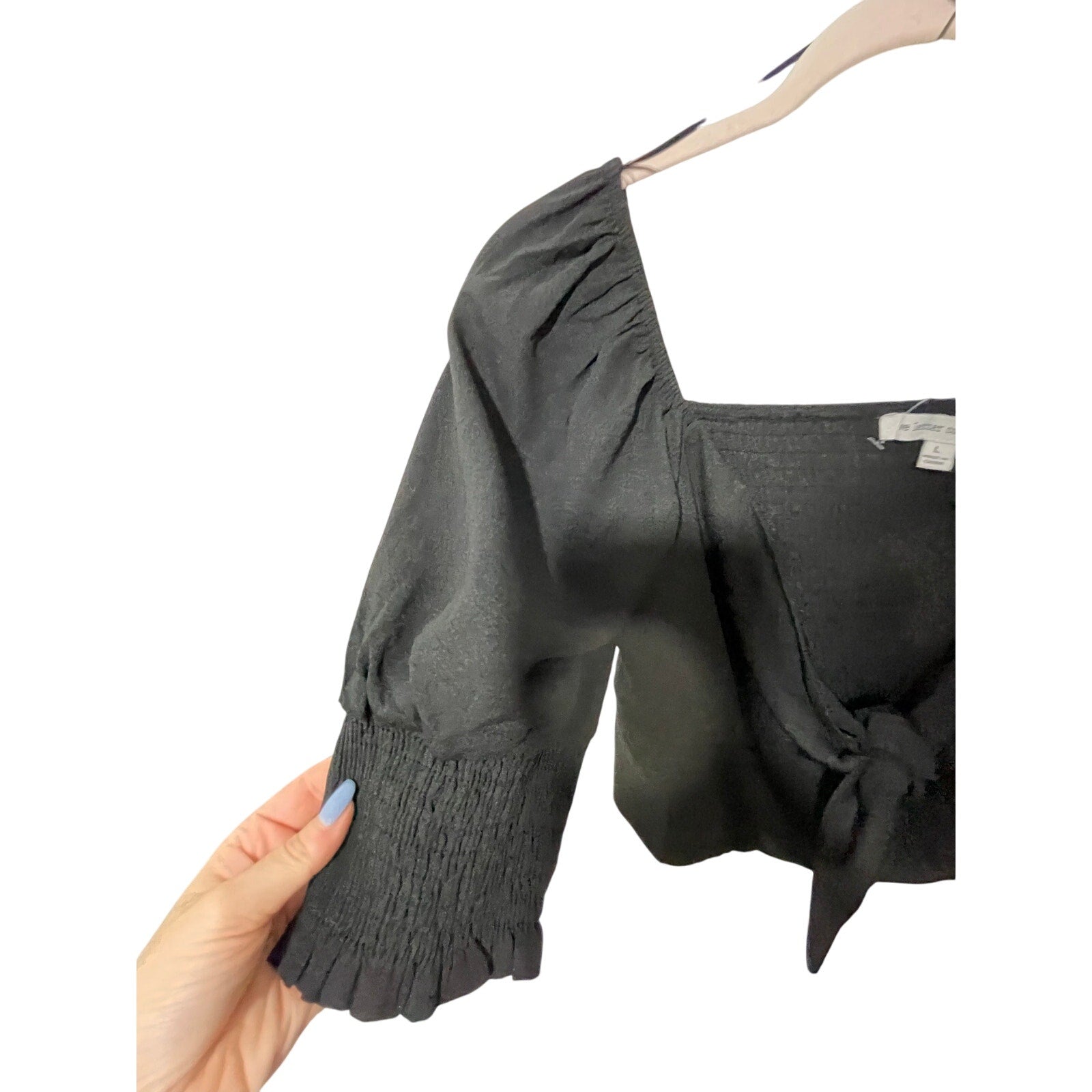 Love Letter Collection Boho Black Front Tie Cropped Blouse Stretchy L Cottage