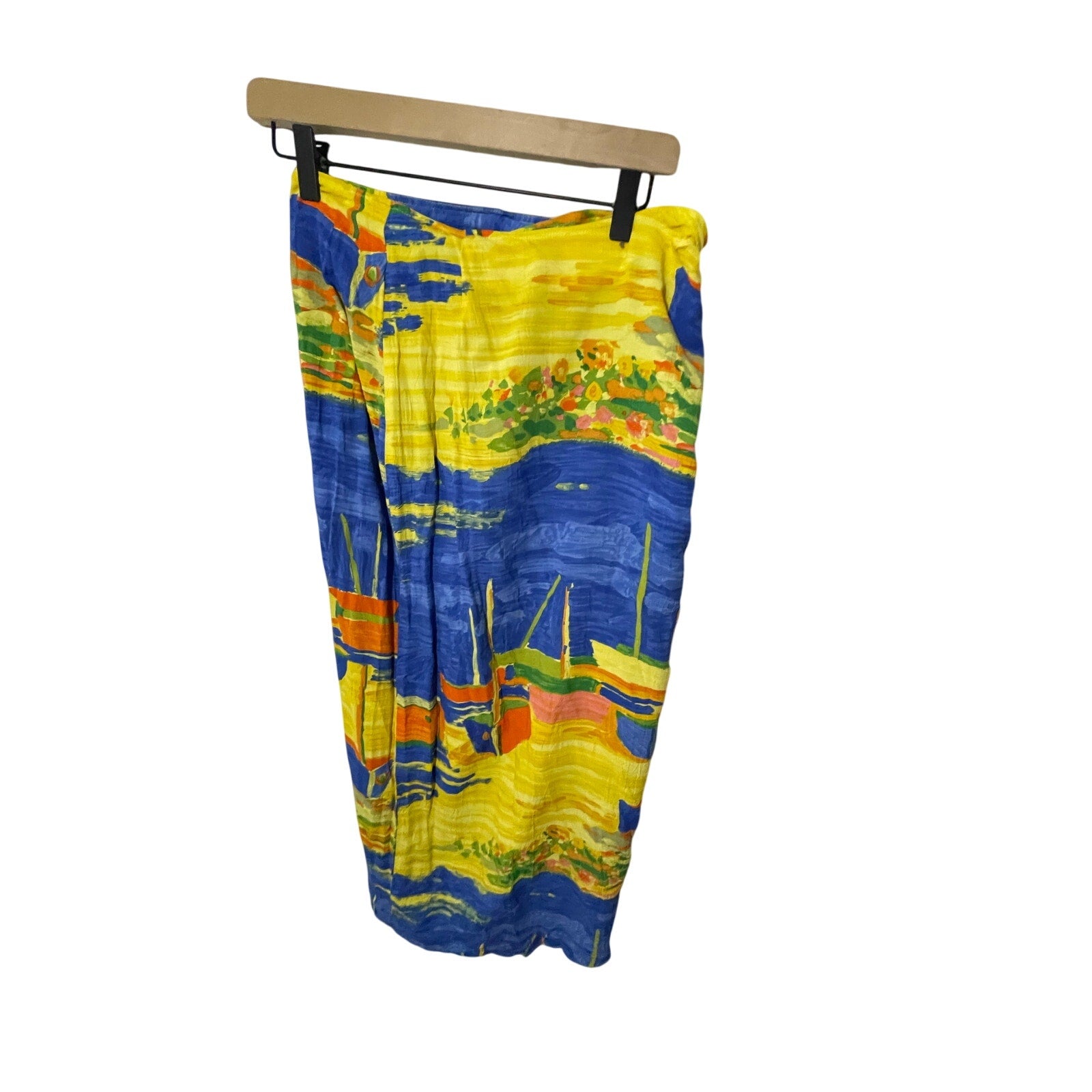 Vintage Jams World Low Tide Blue Yellow Sail Boats Tie Wrap Skirt S Coastal Boho