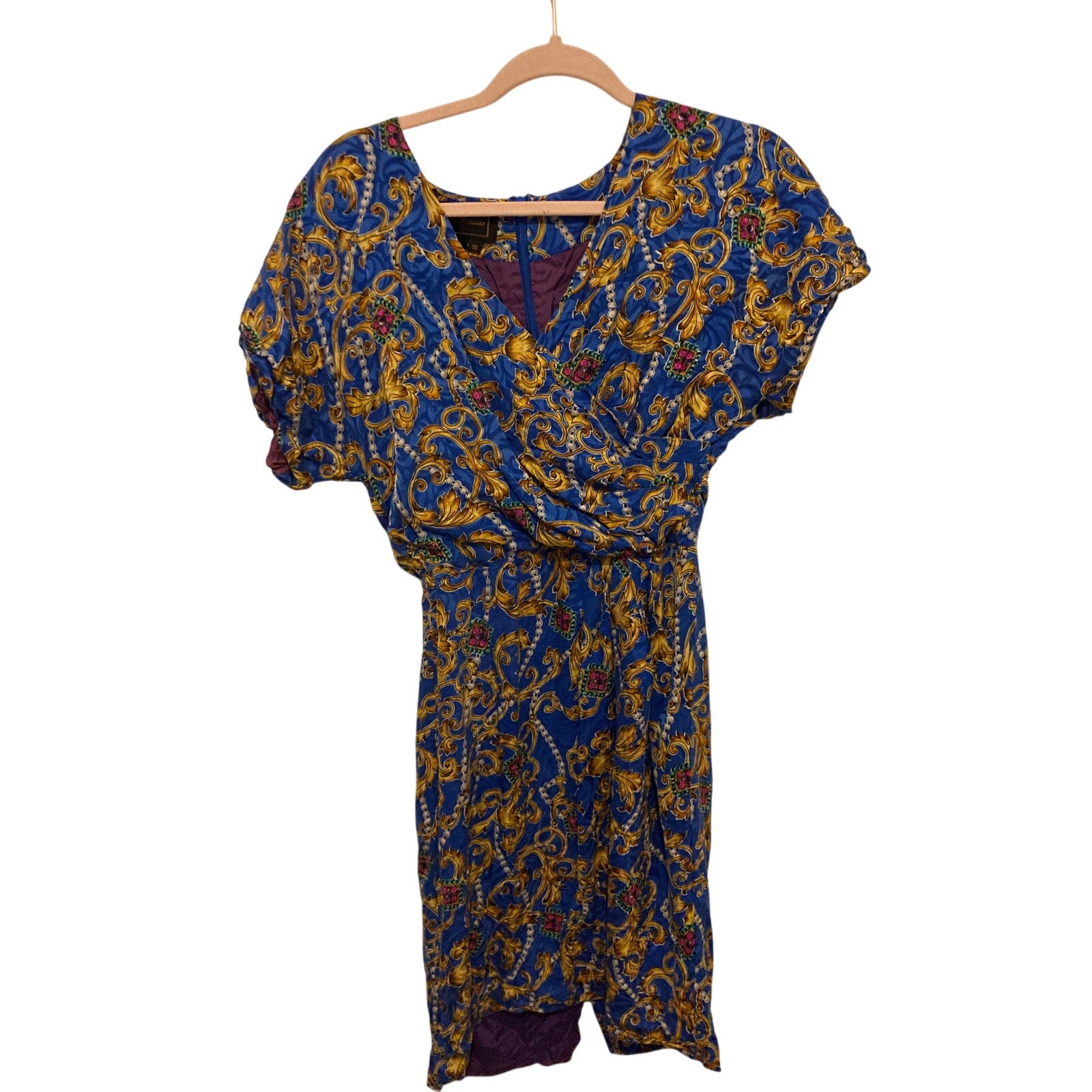 Vintage Silk Patterned Blue Front Tie Wrap Dress Retro Swing Women Midi