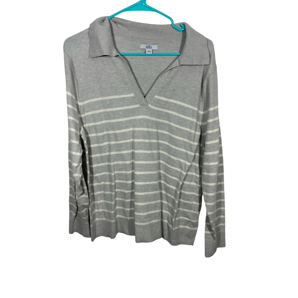 Crown & Ivy Gray White Striped Collared Sweater Women’s XL Preppy Coastal Casual