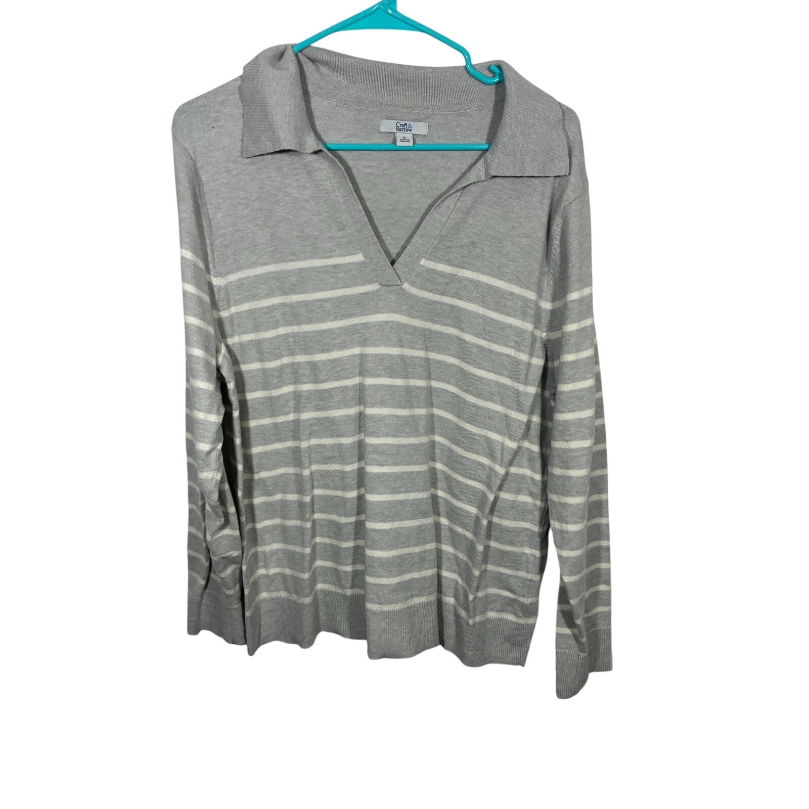 Crown & Ivy Gray White Striped Collared Sweater Women’s XL Preppy Coastal Casual