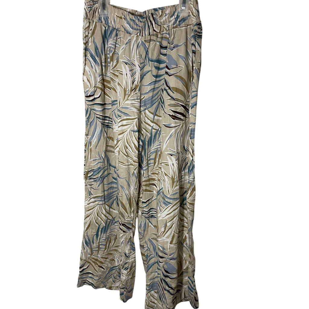 C&C California Tan Leaf Pattern Hawaiian Style Elastic Casual Pants Linen Small