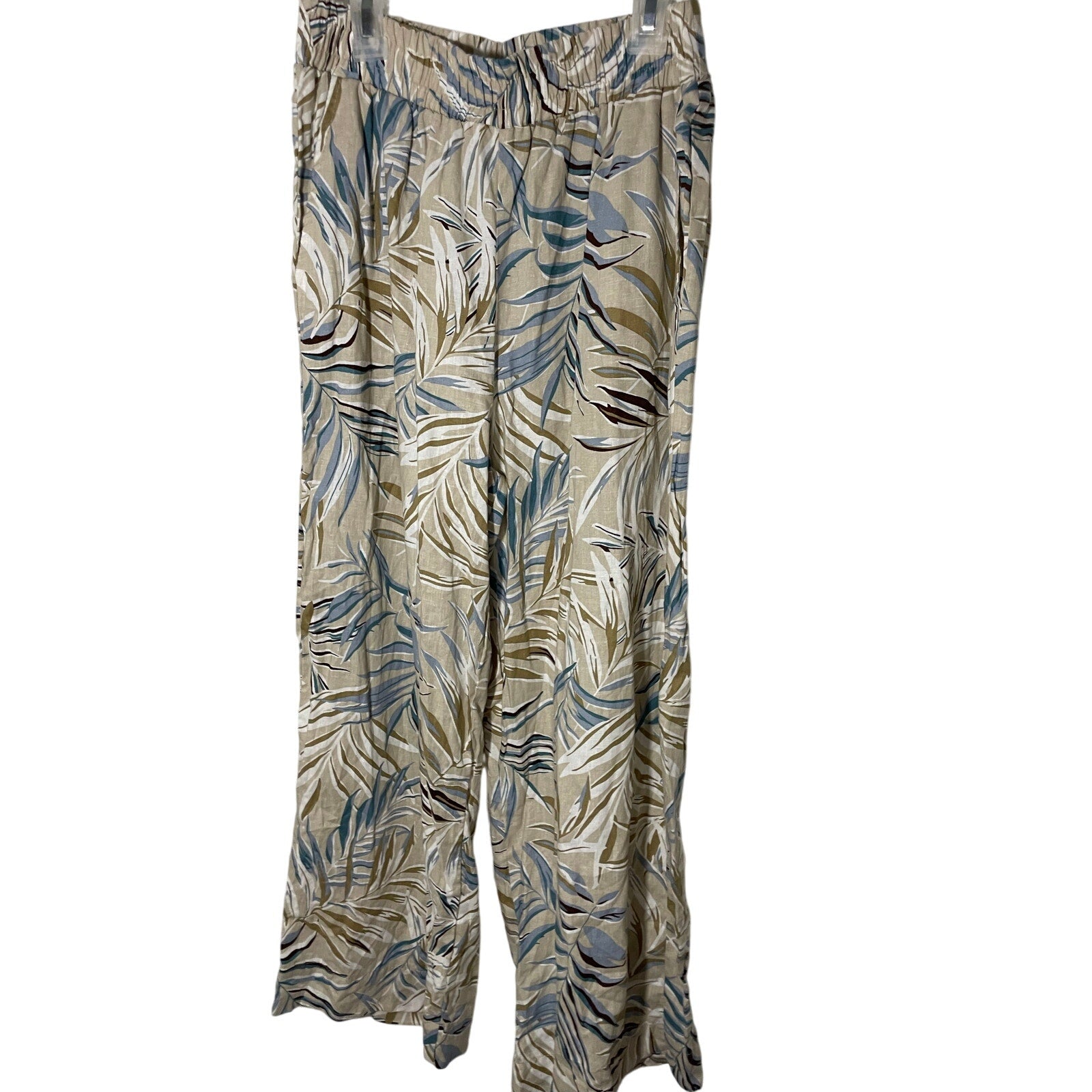 C&C California Tan Leaf Pattern Hawaiian Style Elastic Casual Pants Linen Small