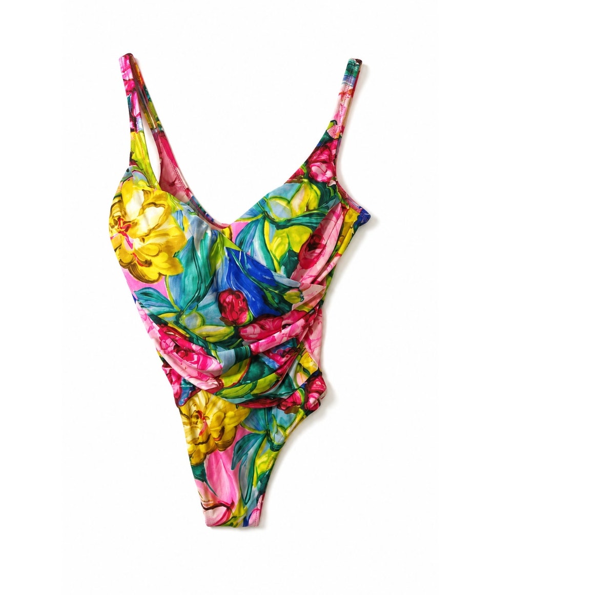 Vintage Gottex Floral Ruched One Piece Swimsuit Tropical Watercolor Maillot M