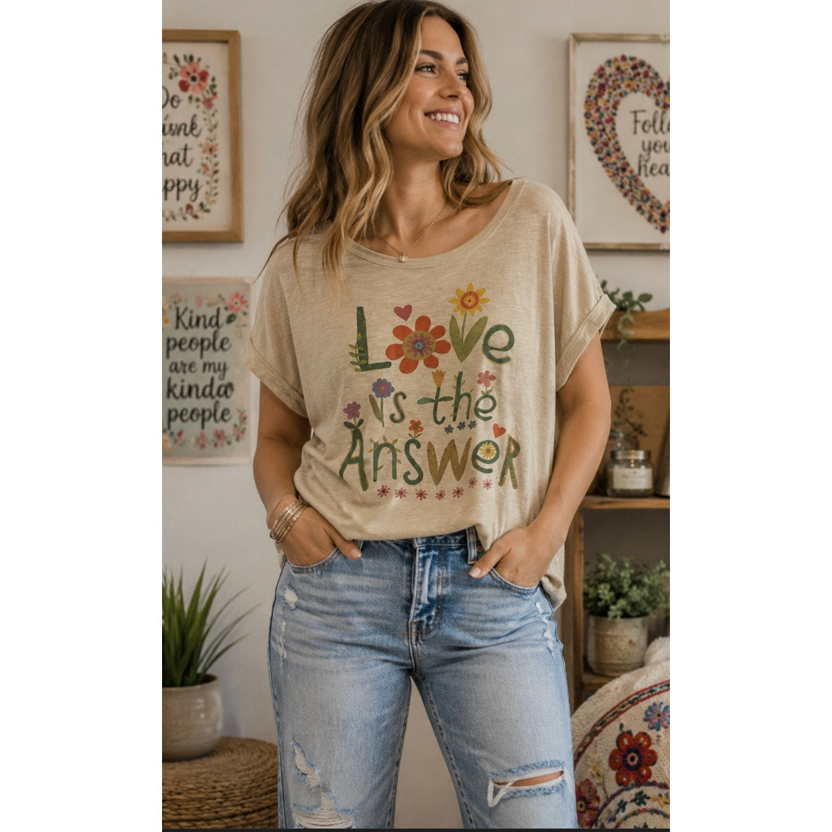 Natural Life Love Is The Answer Graphic Tee Women's Boho Floral Short Sleeve Top