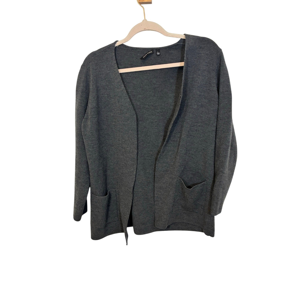 Anne Klein Minimalist Prep Gray Charcoal 100% wool long sleeve cardigan Cozy L