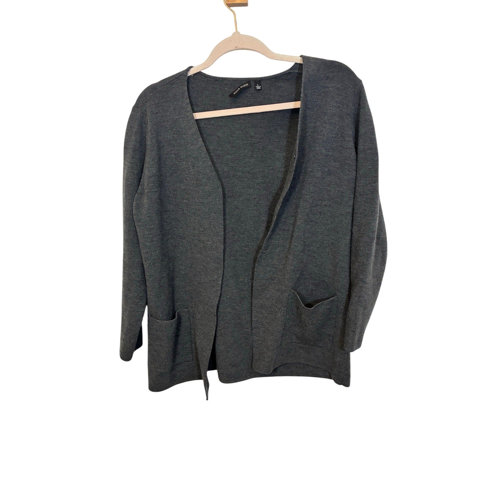 Anne Klein Minimalist Prep Gray Charcoal 100% wool long sleeve cardigan Cozy L