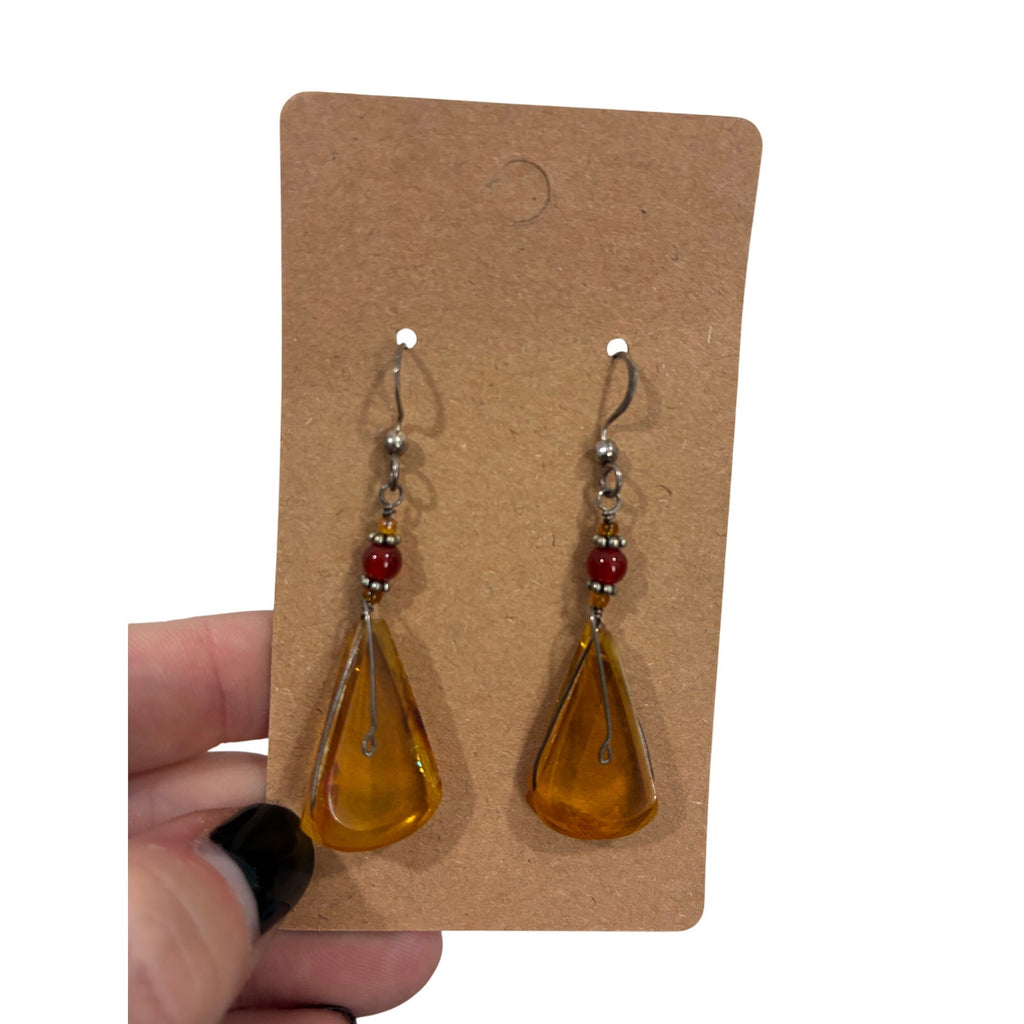Vintage Amber Resin Drop Earrings Honey Yellow Boho Earthy Natural Gemstone