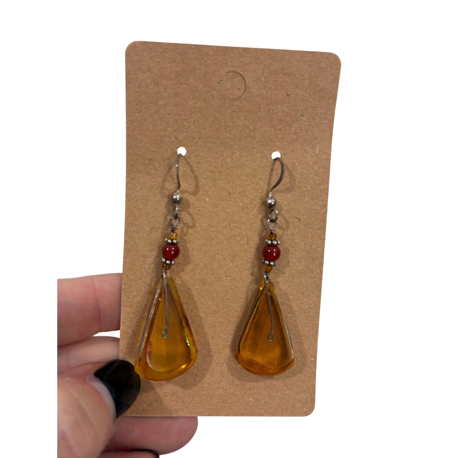 Vintage Amber Resin Drop Earrings Honey Yellow Boho Earthy Natural Gemstone