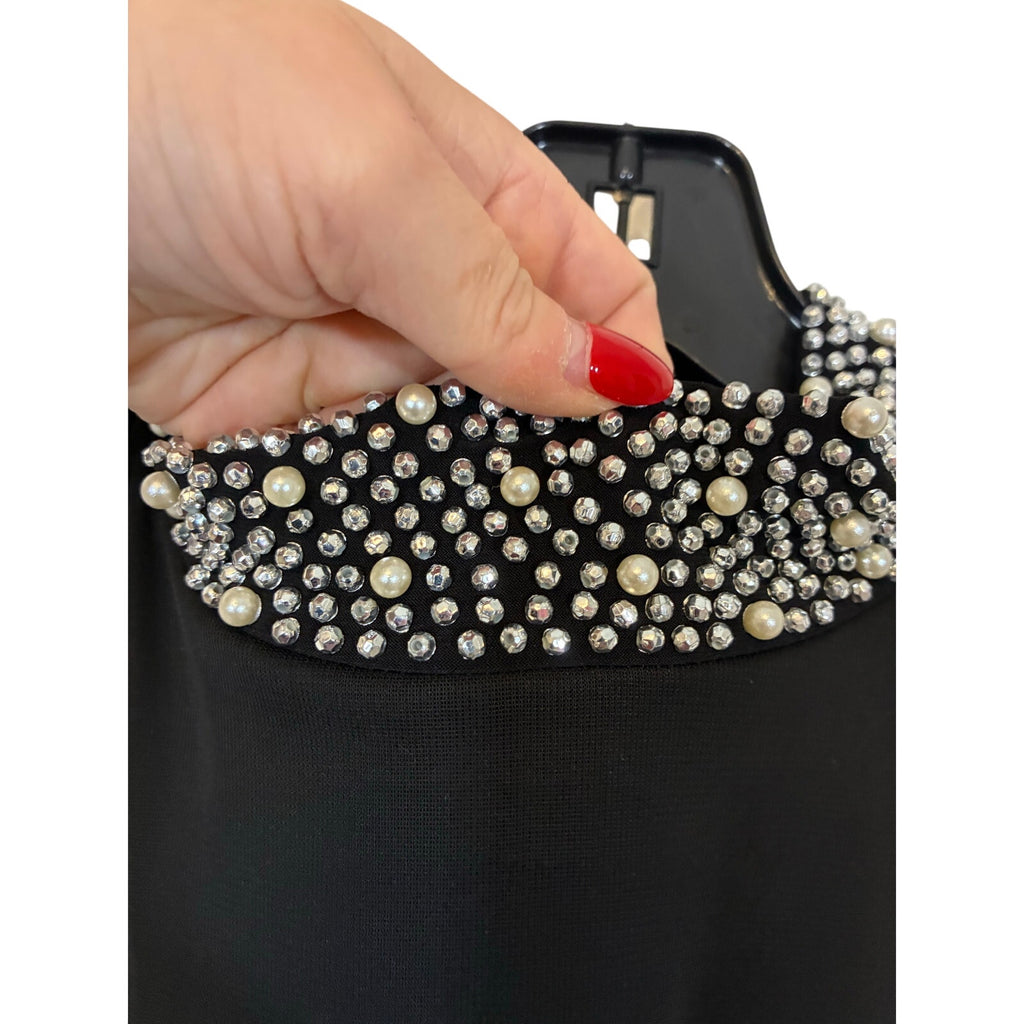 Tiana B Sleeveless Black Embellish Dress 6P Mock Neck Sleek Chic Flowy Event Work