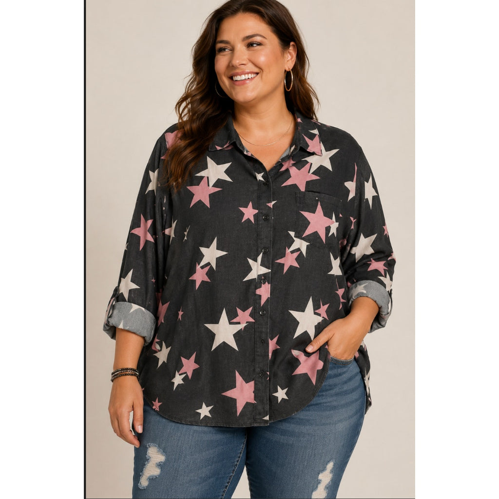 Torrid Star Spangle Flannel Novelty Print Plus Button Up Shirt Casual Western 00