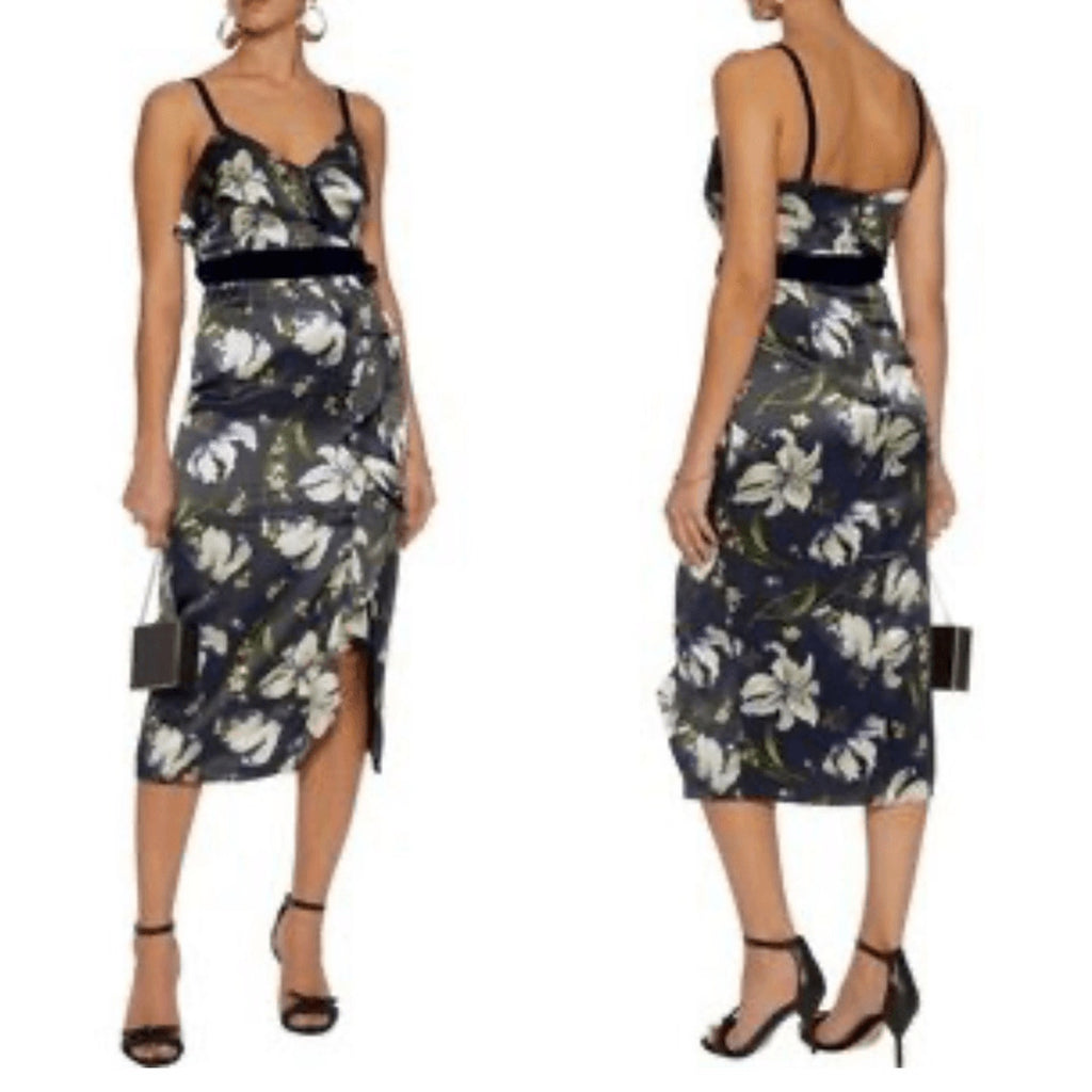 New Cinq A Sept Leena Black Floral Velvet Silk Midi Dress Womens Size 0 Wedding